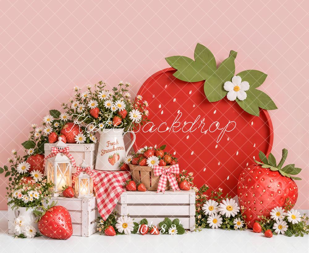 Kate Pink Strawberry Daisy Picnic Printed Backdrop Designed by Emetselch
