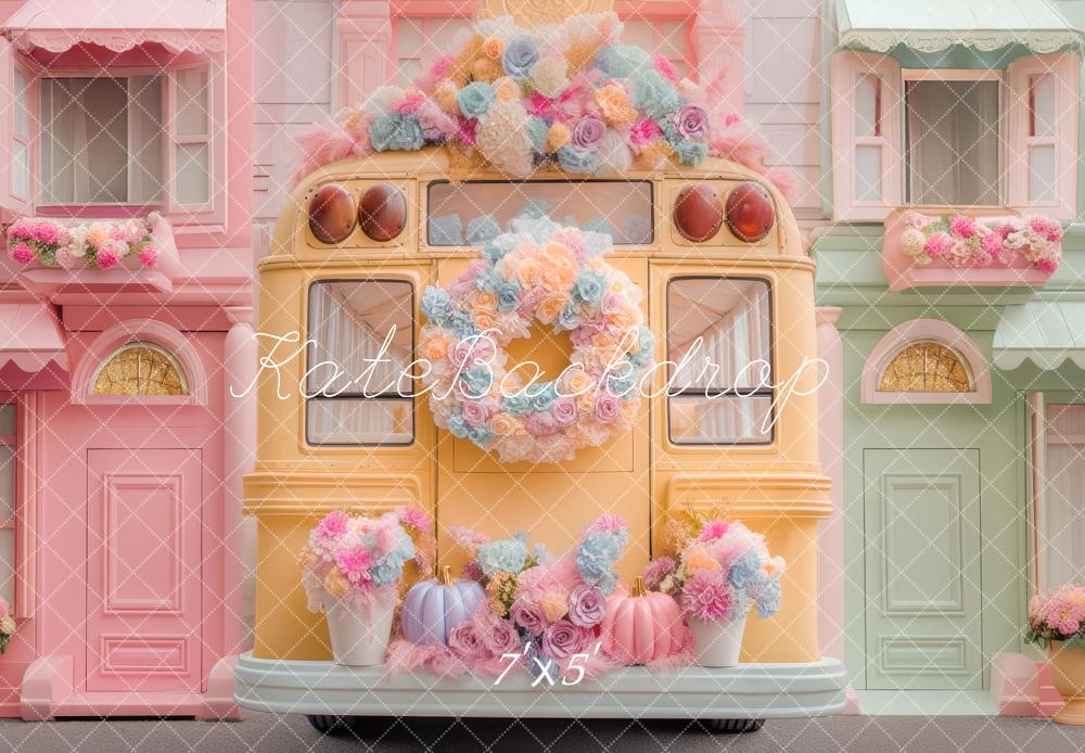 Arco de Flores de Autobús Escolar Pastel de Houses Fondo Diseñado por Mini MakeBelieve