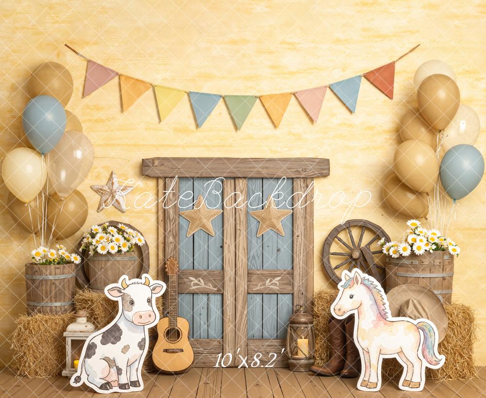 Kate Cake Smash Farmhouse Barn Door Cow Horse Balloons Printed Backdrop Designed by Chain Photography