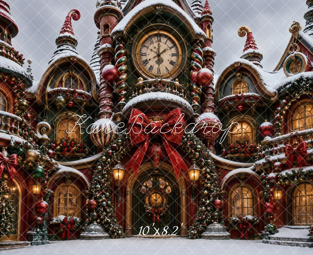 Kate Christmas Whimsical Clock Manor Snow Printed Backdrop Designed by Vertigo Productions