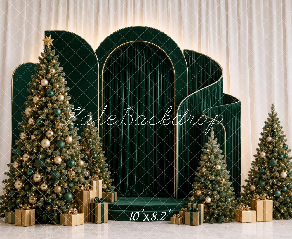 Kate Christmas Green Arch Panel Christmas Trees Gifts Printed Backdrop Designed by Ashley Ward