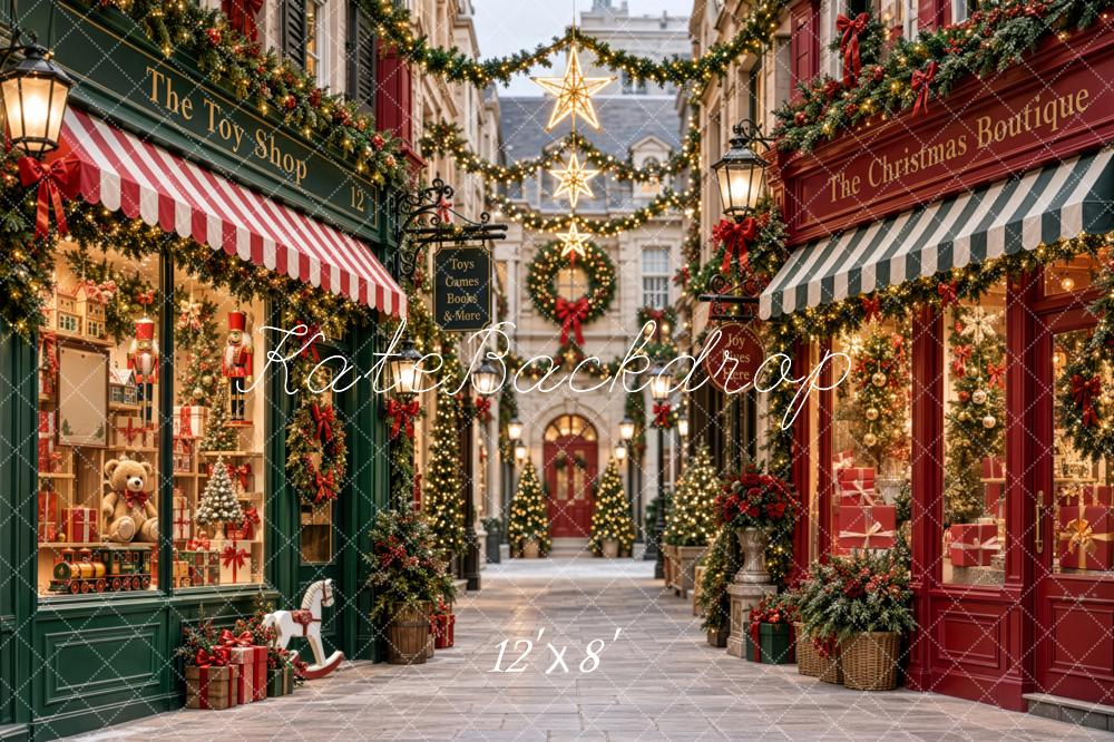 Kate Christmas Toy Shop Street Garland Star Lights Red GreenPrinted Backdrop Designed by Patty Roberts