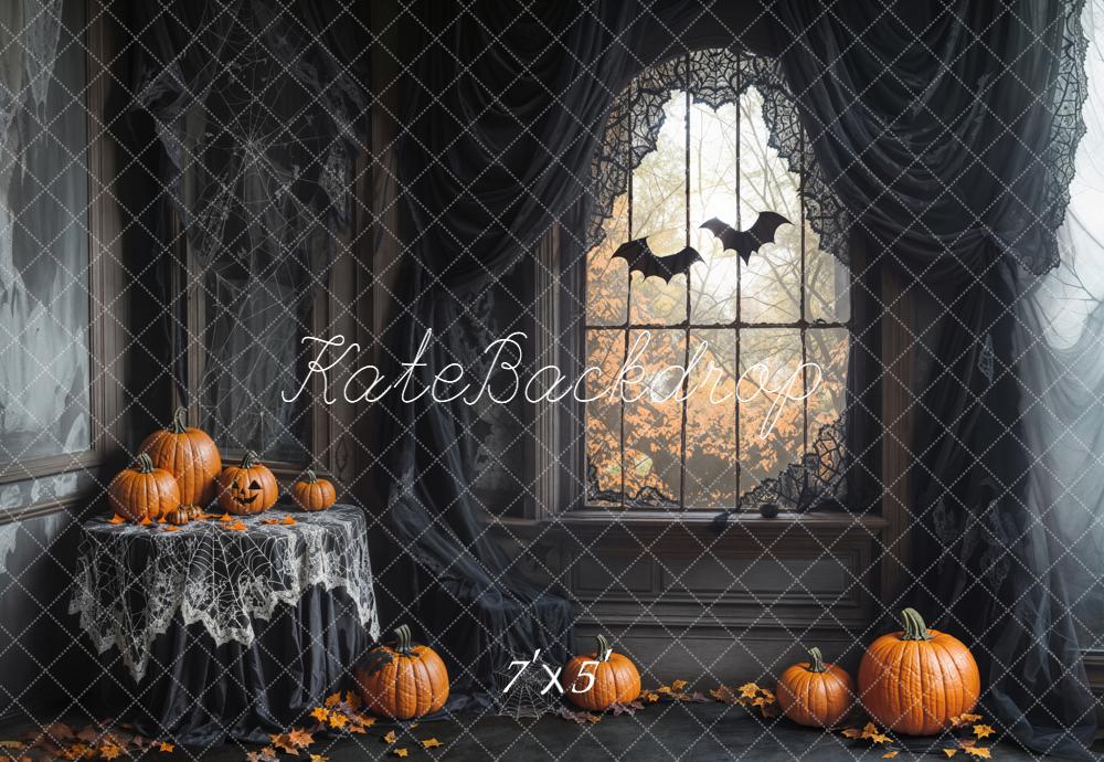 Kate Halloween Gothic Spider Web Window Pumpkins Bats Printed Backdrop Designed by Emetselch