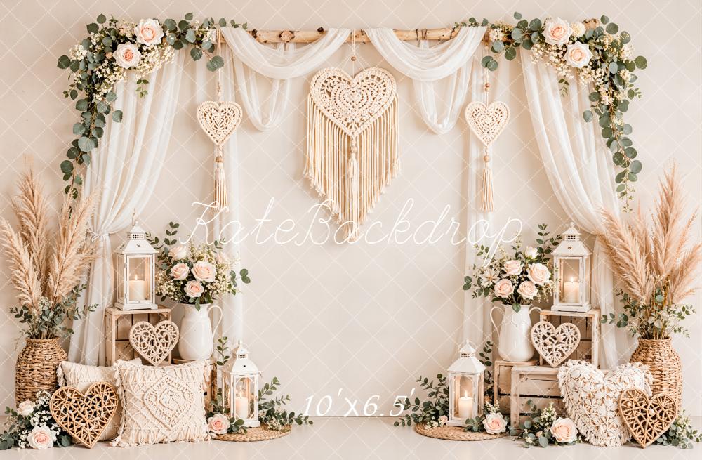 Kate Valentine's Day Boho Flower Arch Macrame Heart Sheer Drapes Printed Backdrop Designed by Emetselch