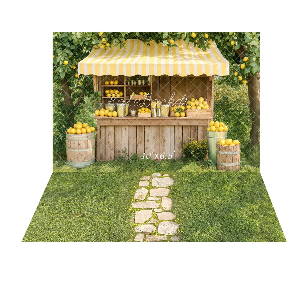 Kate Summer Lemonade Stand Yellow Lemons Wooden Market Printed Backdrop+Spring Stone Path In Green Grass Floor Printed Backdrop