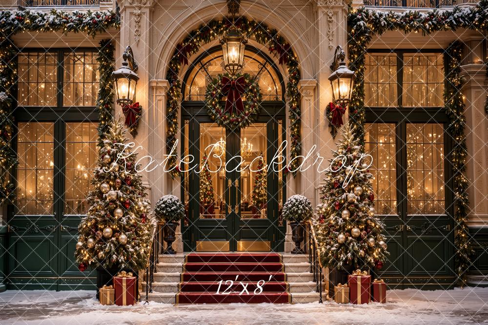 Kate Christmas City Snowy Grand Building Entrance Arch Wreaths Staircase Printed Backdrop Designed by Jordan Moon