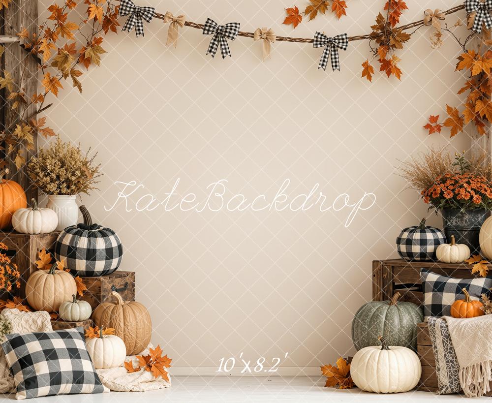 Kate Fall Beige Pumpkin Rustic Plaid Garland Printed Backdrop Designed by Shutter Swan Studios