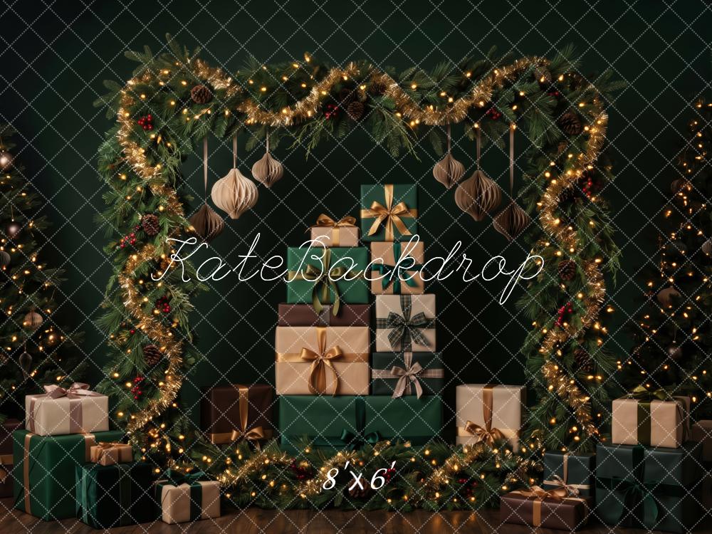 Kate Christmas Garland Arch Gift Boxes Emerald Printed Backdrop Designed by Patty Roberts