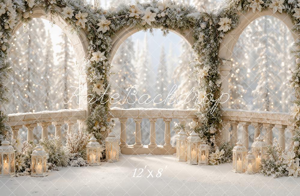 Kate Christmas Balcony Snowy Floral Arch Lanterns Printed Backdrop Designed by Emetselch