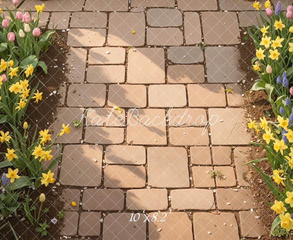 Kate Spring Cobblestone Path Garden Flowers Floor Backdrop Designed by Kate Image