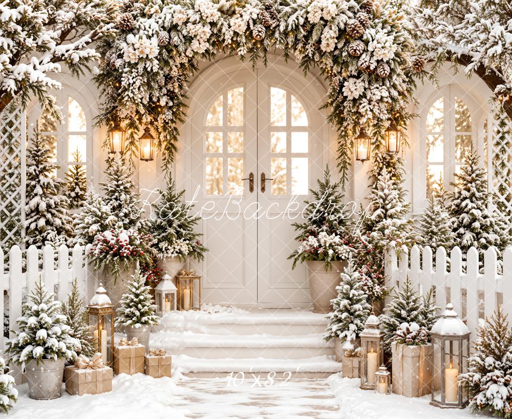 Kate Christmas Snowy Porch Pine Garland Lanterns White Fence Printed Backdrop Designed by Emetselch