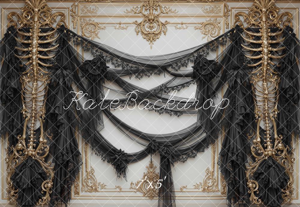 Kate Halloween Black Gothic Drapery Bone Wall Printed Backdrop Designed by Mini MakeBelieve