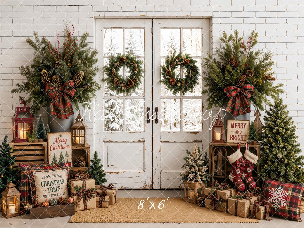 Kate Christmas Door Farmhouse Entryway Wreaths Trees Red Plaid Printed Backdrop Designed by Emetselch