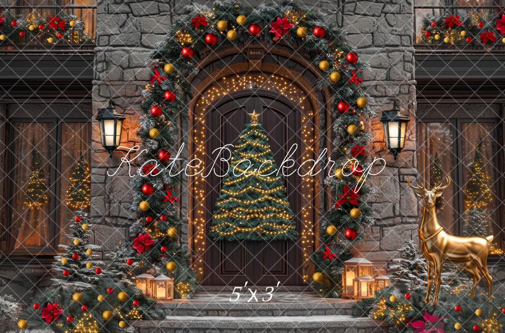 Kate Christmas Tree Front Door Gold Reindeer Stone Backdrop Designed by Mini MakeBelieve