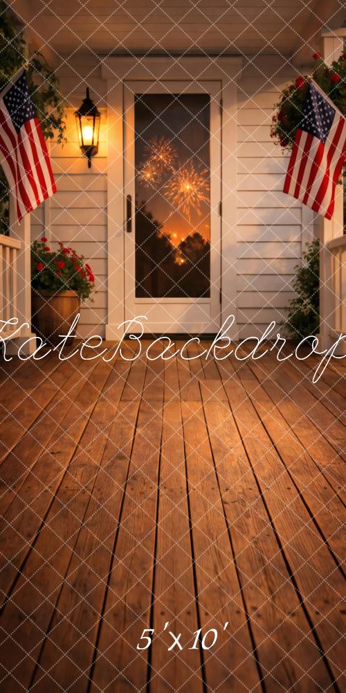 Kate Sweep Patriotic Porch American Flags Fireworks Wooden Deck Printed Backdrop Designed by Vertigo Productions