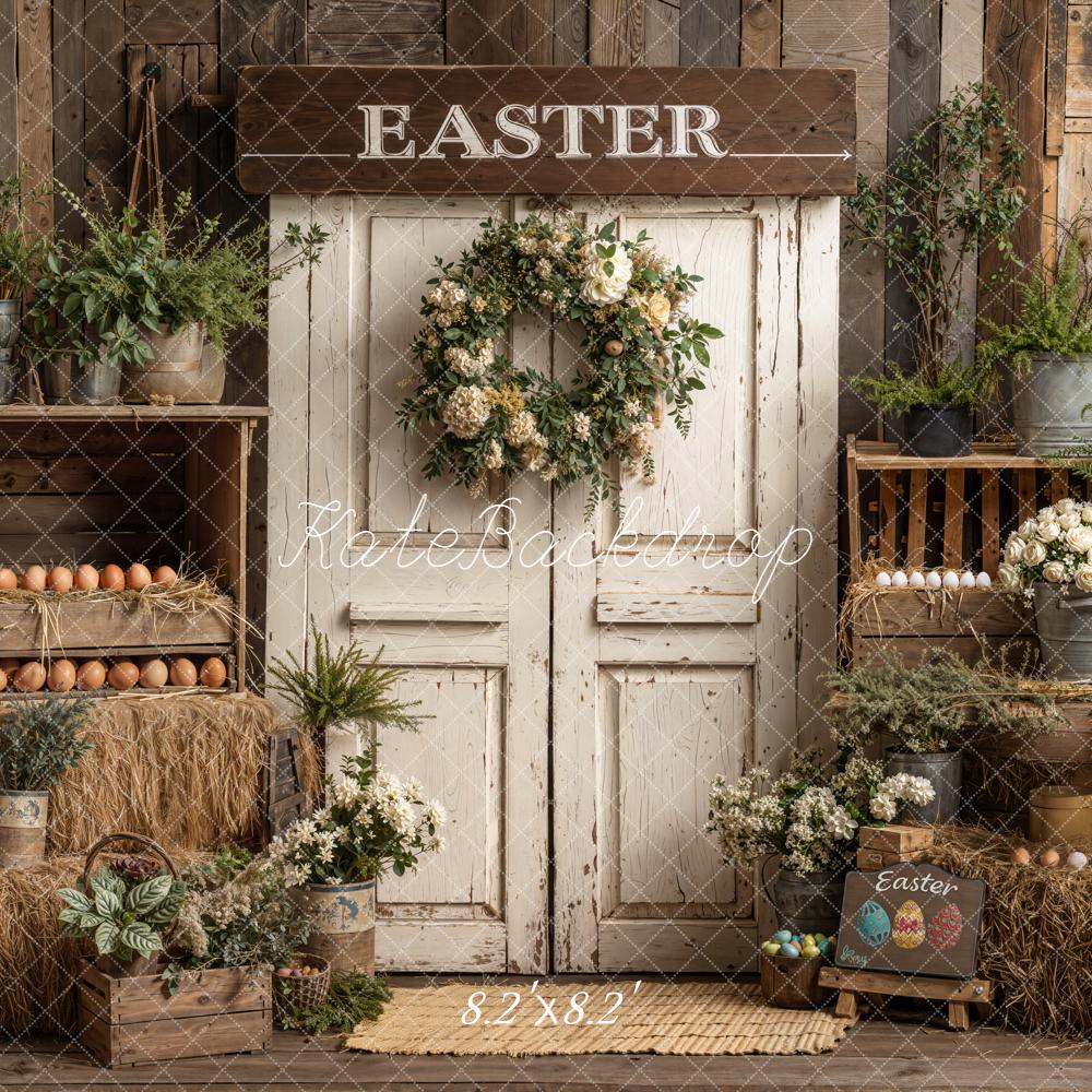Kate Easter Rustic Door Eggs Flowers Hay Backdrop Designed by Emetselch