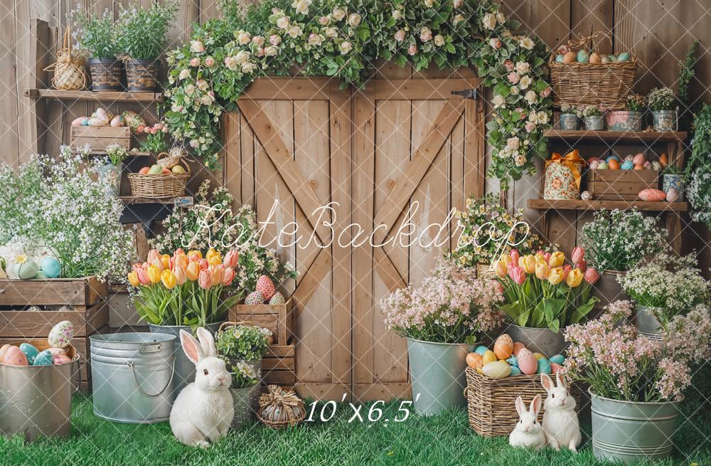 Kate Easter Wooden Door Bunny Flower Arch Tulips Rustic Backdrop Designed by Emetselch
