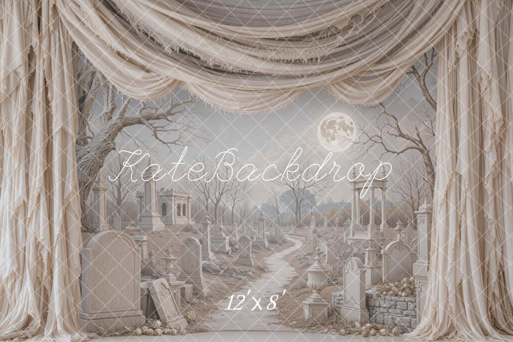 Kate Halloween Gray Cemetery Moon Drapes Tragedy Printed Backdrop Designed by Mini MakeBelieve