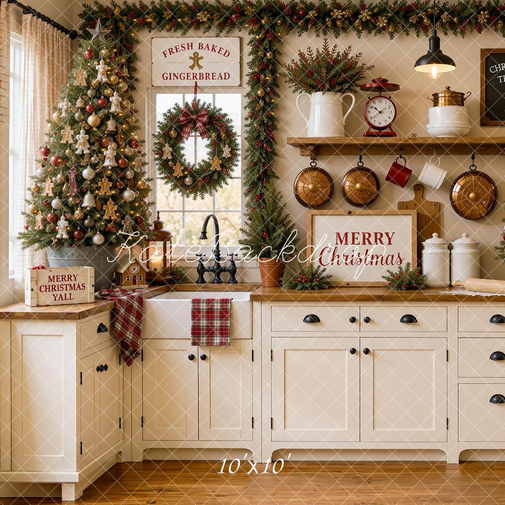 Kate Christmas Tree White Kitchen Cabinet Pan Baking Plaid Printed Backdrop Designed by Shutter Swan Studios
