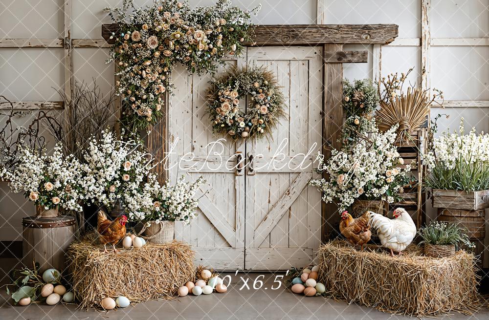 Kate Easter Rustic Barn Flowers Hay Eggs Printed Backdrop Designed by Emetselch