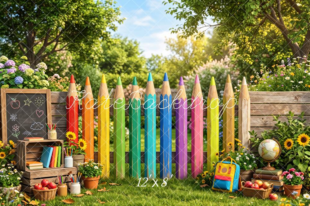 Kate Back To School Colorful Pencil Fence Garden Printed Backdrop Designed by Patty Roberts