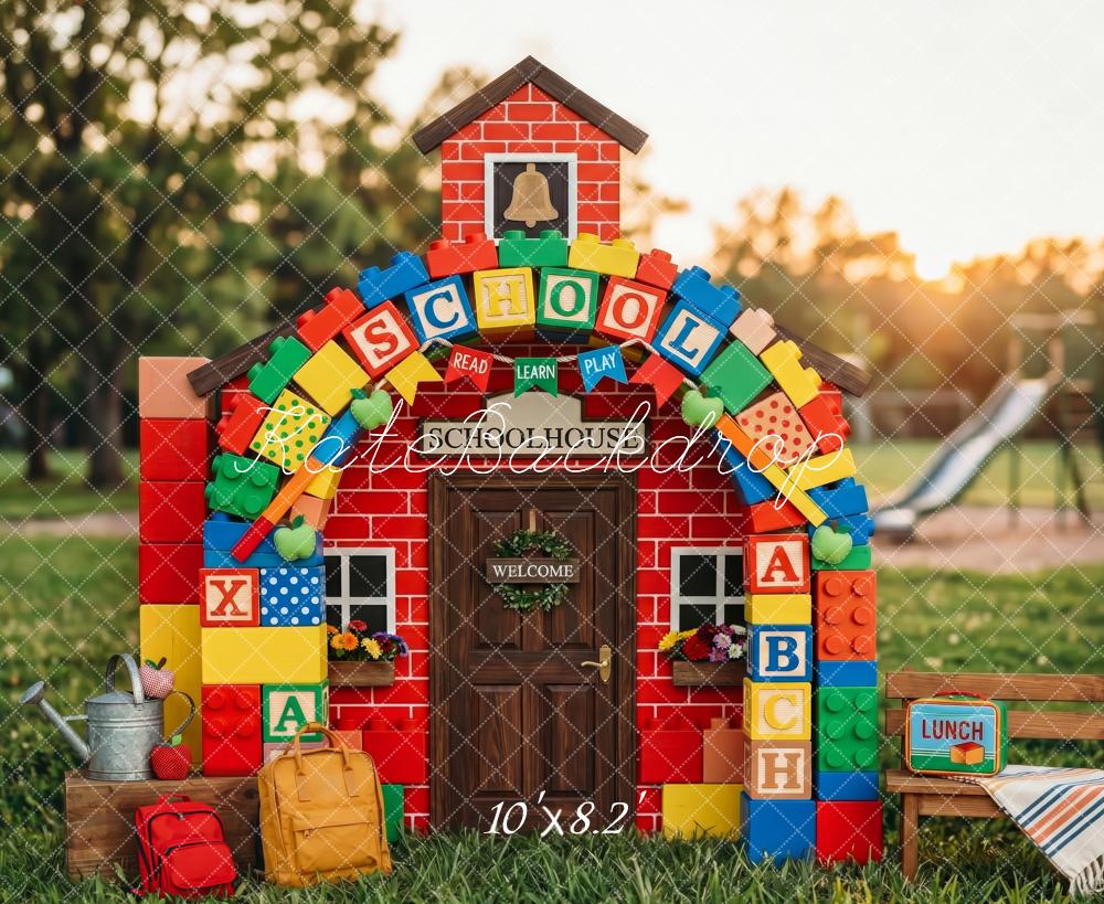 Kate Back To School Red Schoolhouse Building Blocks Playground Printed Backdrop Designed by Patty Roberts