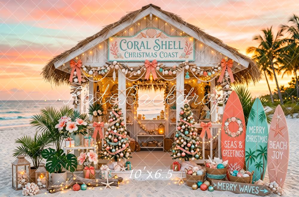 Kate Christmas Beach Cabana Surfboards Palm Trees Printed Backdrop Designed by Patty Roberts