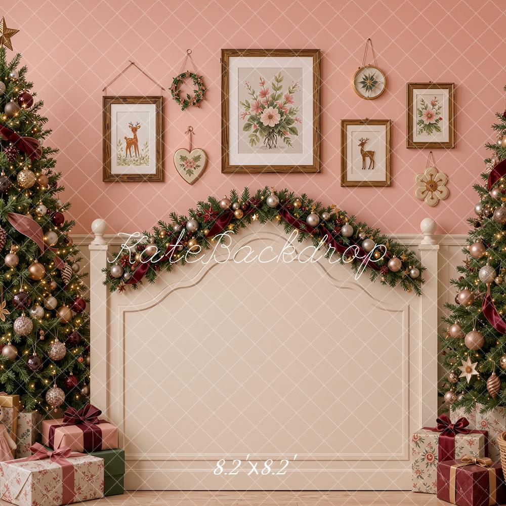 Kate Christmas Headboard Pink Trees Garland Printed Backdrop Designed by Shutter Swan Studios
