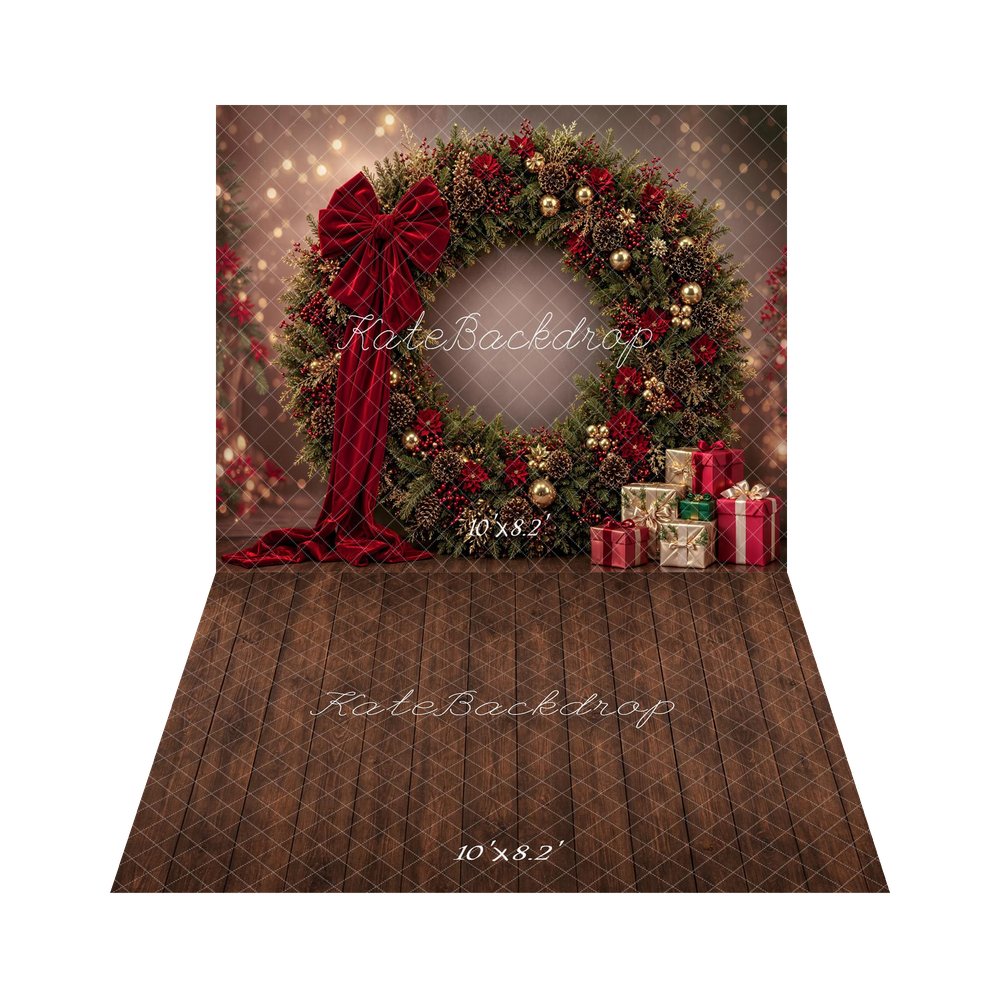 Kate Christmas Large Wreath Red Bow Presents Printed Backdrop+Brown Wood Floor Printed Backdrop