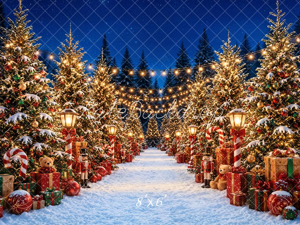 Kate Christmas Night Snowy Tree Path with Gifts and Lanterns Printed Backdrop Designed by Emetselch