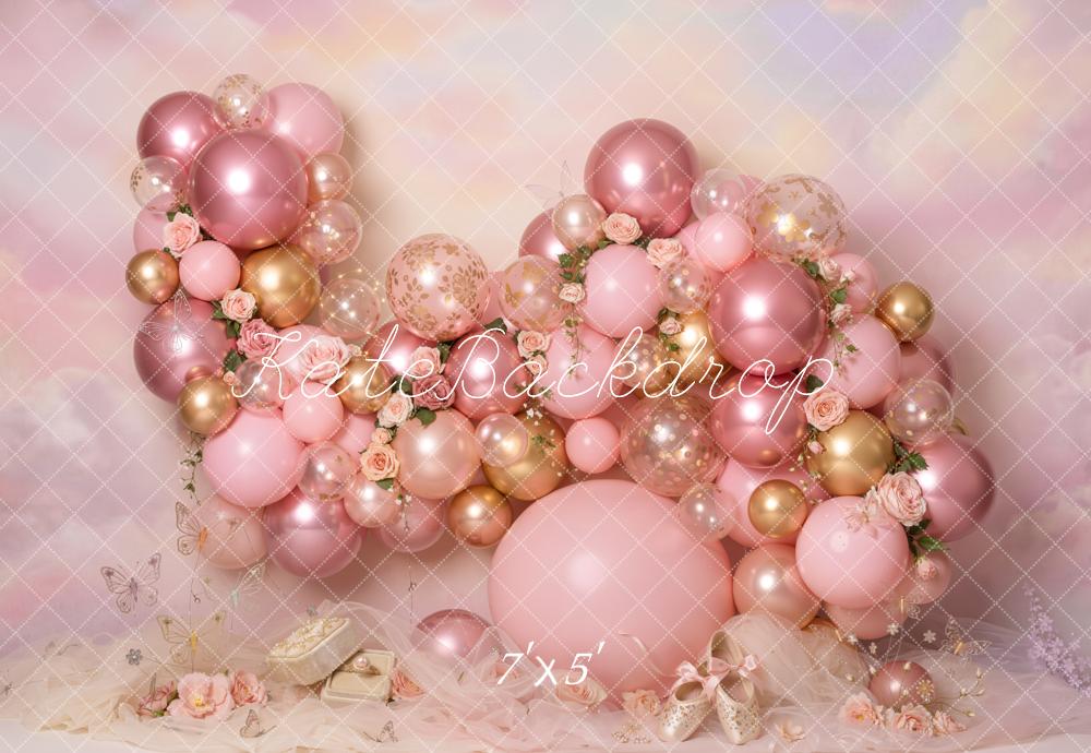 Kate Cake Smash Pink Balloon Arch Rose Gold Floral Printed Backdrop Designed by Emetselch