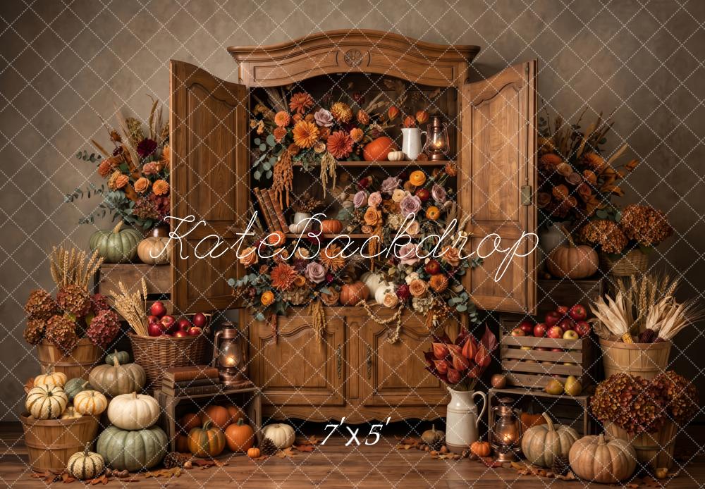 Kate Fall Brown Pumpkin Flower Vintage Cabinet Printed Backdrop Designed by Patty Roberts