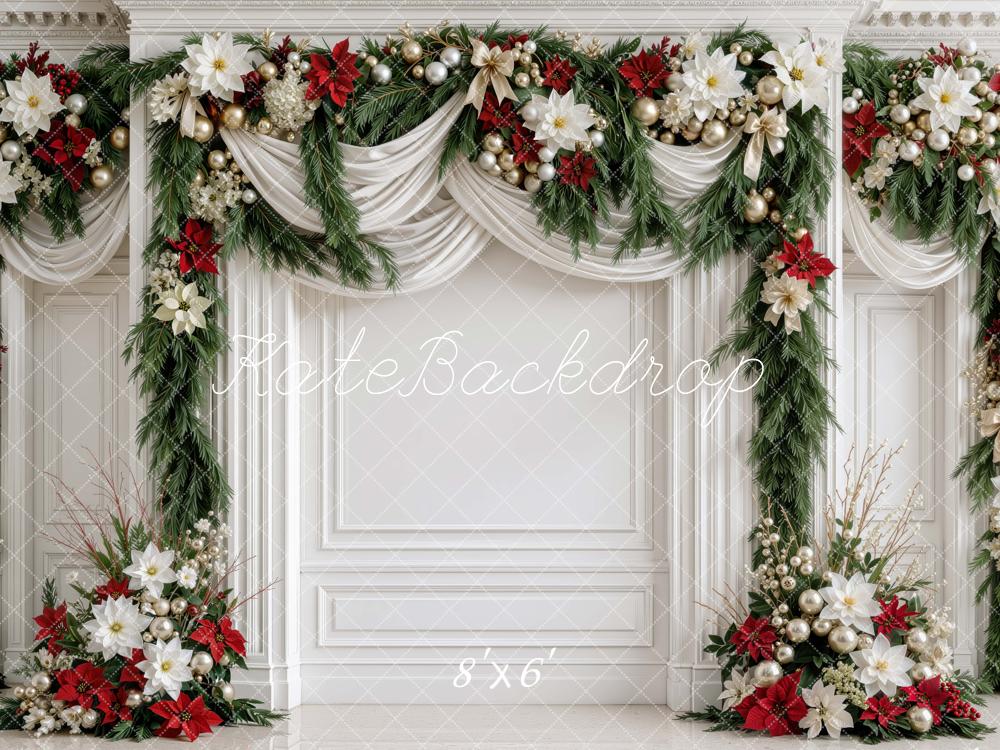 Kate Christmas Floral Garland Draped Panel Wall Printed Backdrop Designed by Mini MakeBelieve