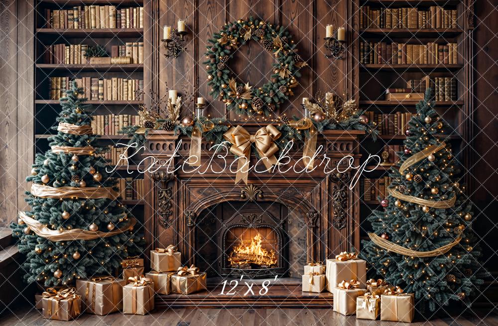 Kate Christmas Wood Fireplace Bookshelves Wreath Trees Gifts Backdrop Designed by Emetselch