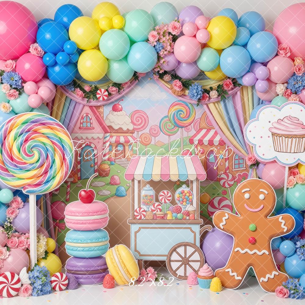 Kate Christmas Sweets Candyland Gingerbread Balloon Lollipop Macaron Printed Backdrop Designed by Mini MakeBelieve