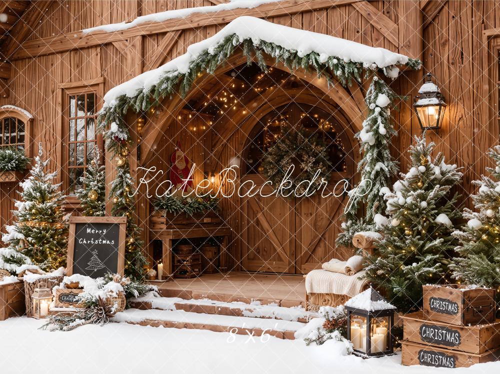 Kate Christmas Snowy Wooden Porch Pine Trees Backdrop Designed by Emetselch