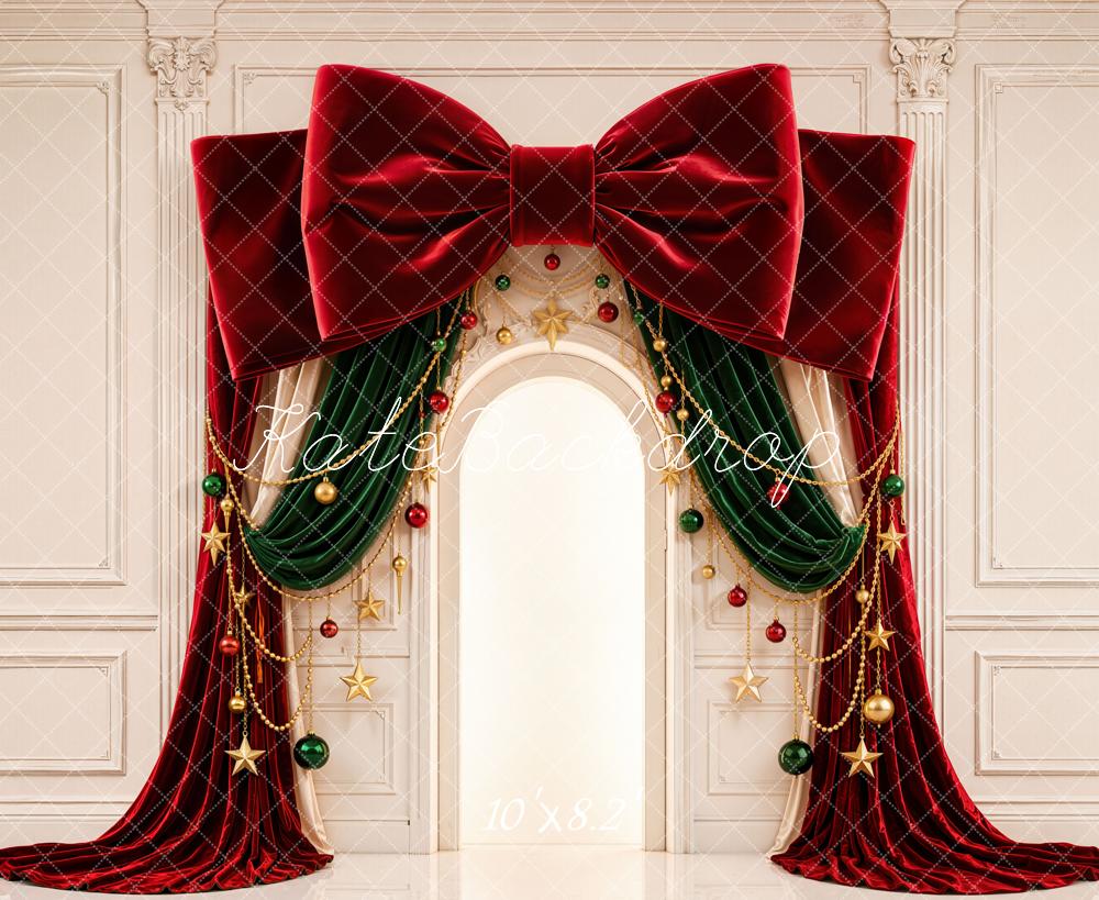 Kate Christmas Red Velvet Bow Arch Ornaments Printed Backdrop Designed by Emetselch
