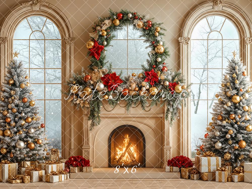Kate Christmas Fireplace Trees Wreath Gold Window Backdrop Designed by Emetselch