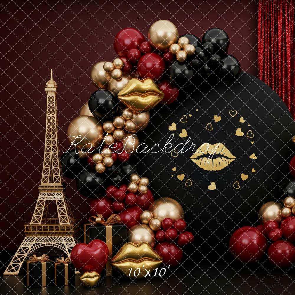 Kate Valentine's Day Eiffel Tower Lips Balloons Hearts Red Curtain Printed Backdrop Designed by Patty Roberts
