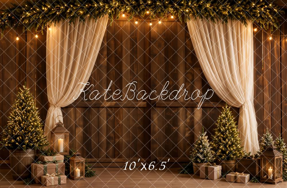 Kate Christmas Tree Garland Curtain Rustic Wooden Wall Printed Backdrop Designed by Emetselch