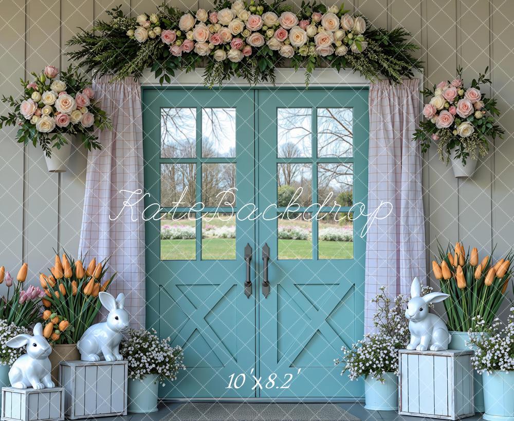Kate Easter Bunny Blue Door Flower Arrangement Printed Backdrop Designed by Mini MakeBelieve