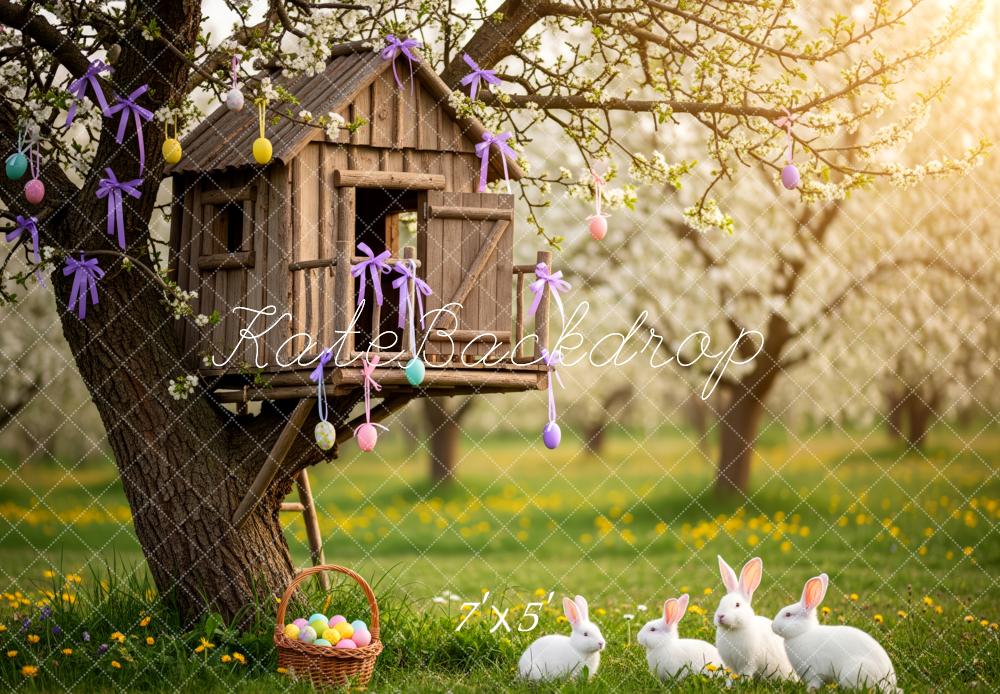 Kate Easter Bunny Treehouse Pastel Eggs Meadow Printed Backdrop Designed by Patty Roberts