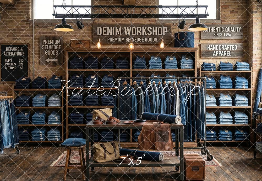 Kate Denim Workshop Brick Wall Shelves Printed Backdrop Designed by Patty Roberts