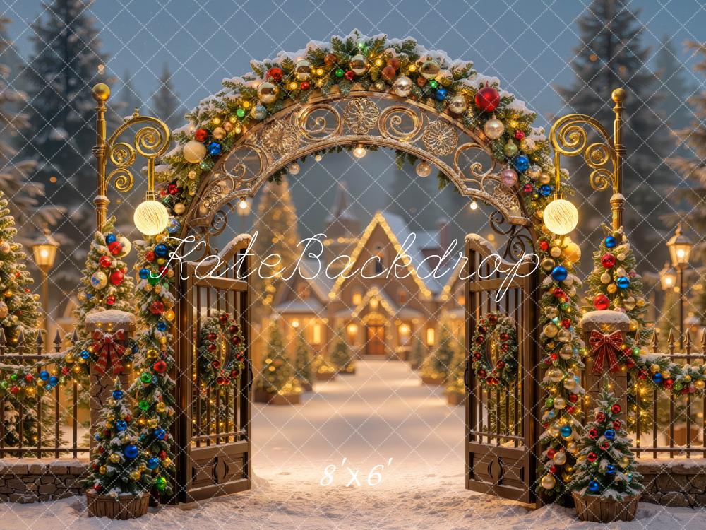 Kate Christmas Glow Colorful Village Gate Arch Snowy Ornament Printed Backdrop Designed by Mini MakeBelieve