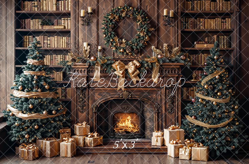 Kate Christmas Wood Fireplace Bookshelves Wreath Trees Gifts Backdrop Designed by Emetselch