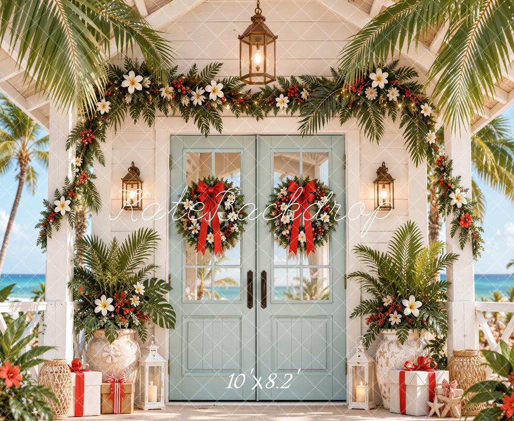 Kate Christmas Tropical Floral Doorway Palm Leaves Printed Backdrop Designed by Emetselch
