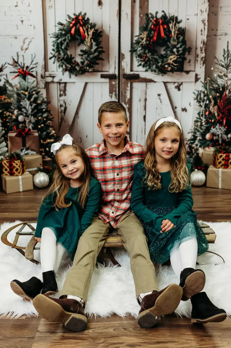 Kate Christmas White Shabby Barn Door Fleece Backdrop Designed by Emetselch