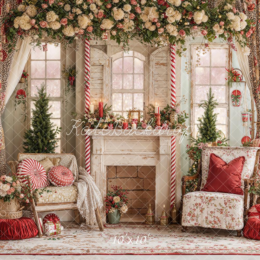 Kate Valentines Floral Fireplace Candy Cane Windows Leopard Backdrop Designed by Emetselch