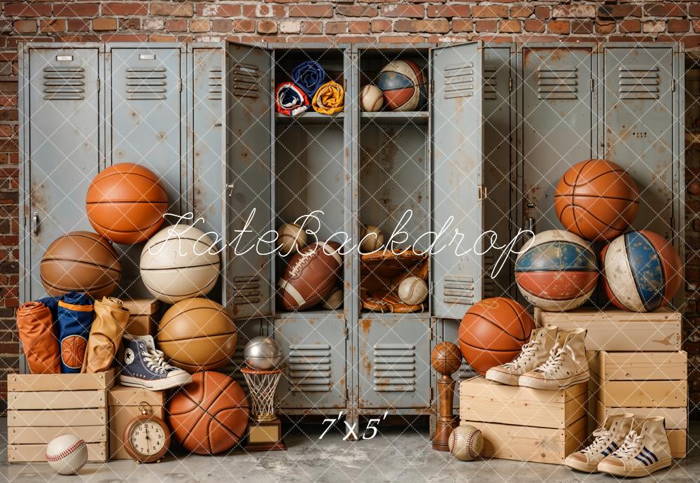 Kate Vintage Sports Locker Room Balls Lockers Brick Wall Sneakers Printed Backdrop Designed by Emetselch