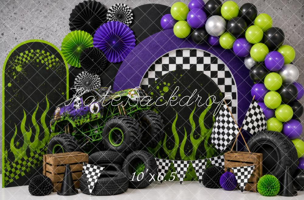 Kate Cake Smash Monster Truck Checkered Pattern Green Flames Balloons Printed Backdrop Designed by Shutter Swan Studios